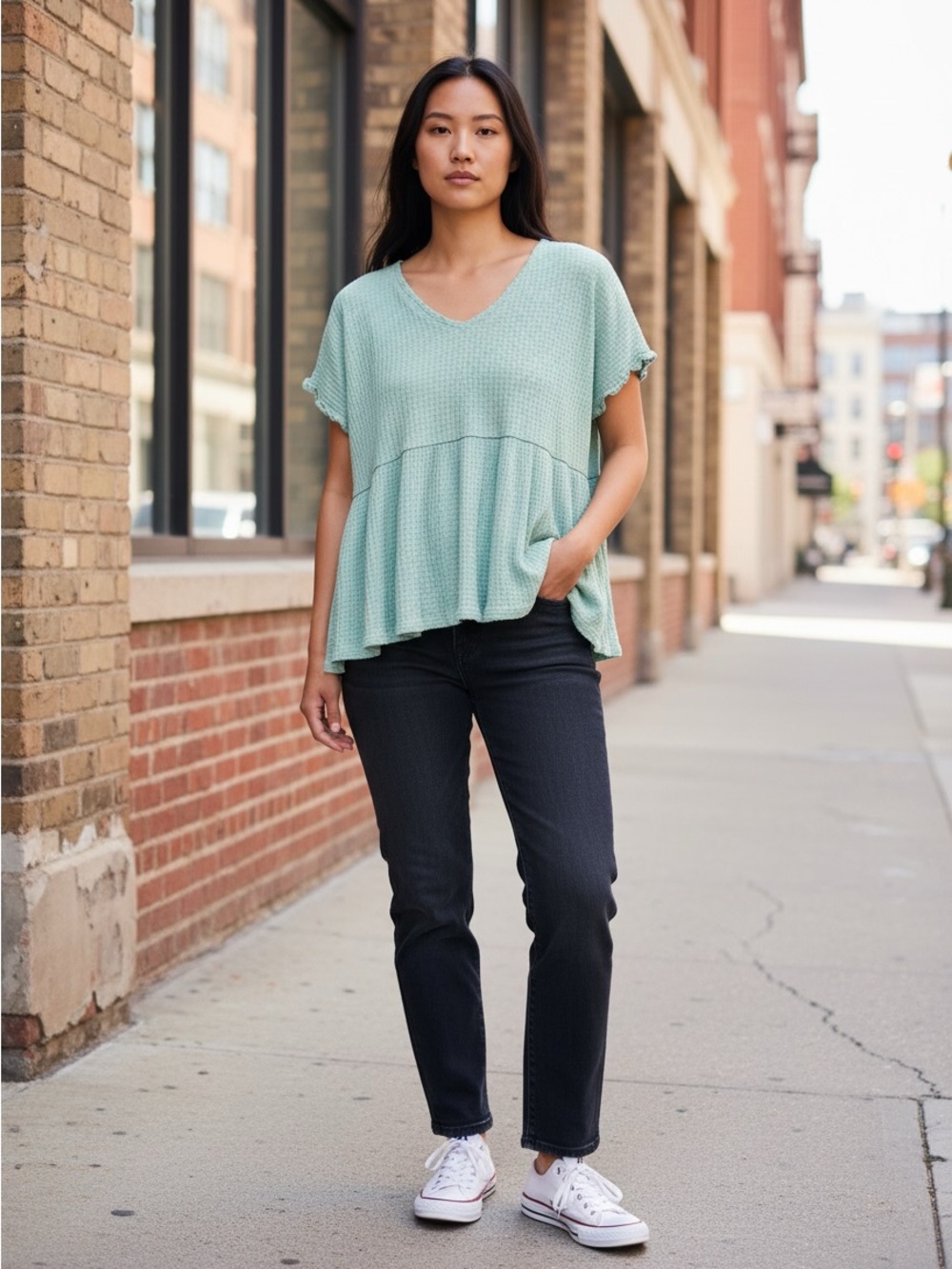 Alya Seafoam Green Waffle Knit Peplum V-Neck Crop Top